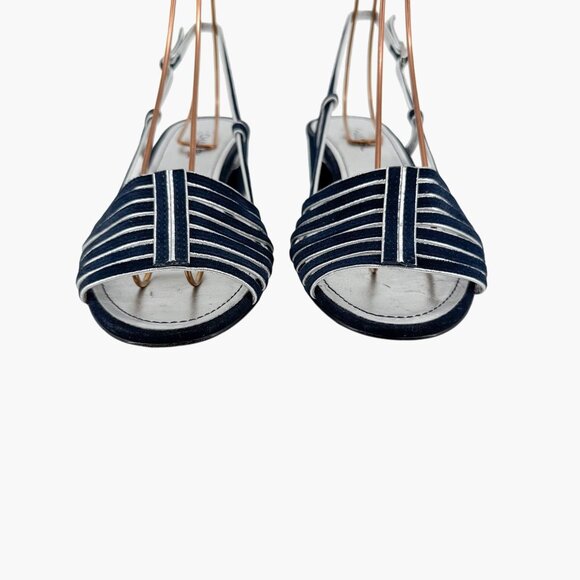 Chanel CC Strappy Slingback Sandals Block Heel Navy Blue Silver Size 37 US 6-6.5 - Picture 5 of 15
